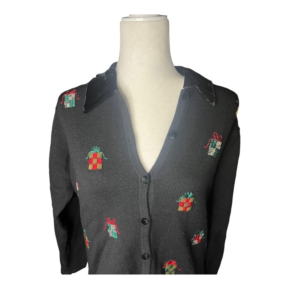 Wool, beaded holiday sweater with velvet collar M - Picture 3 of 5